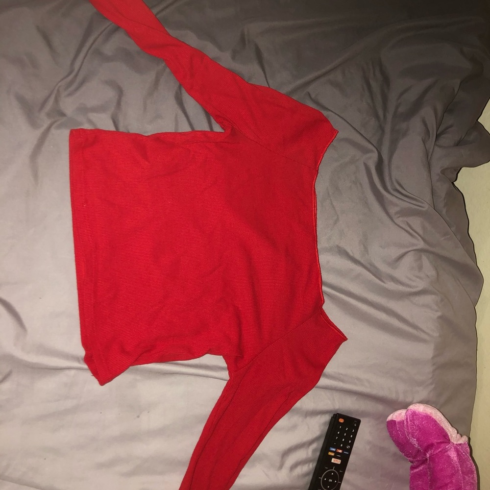 Red, off the shoulder top.